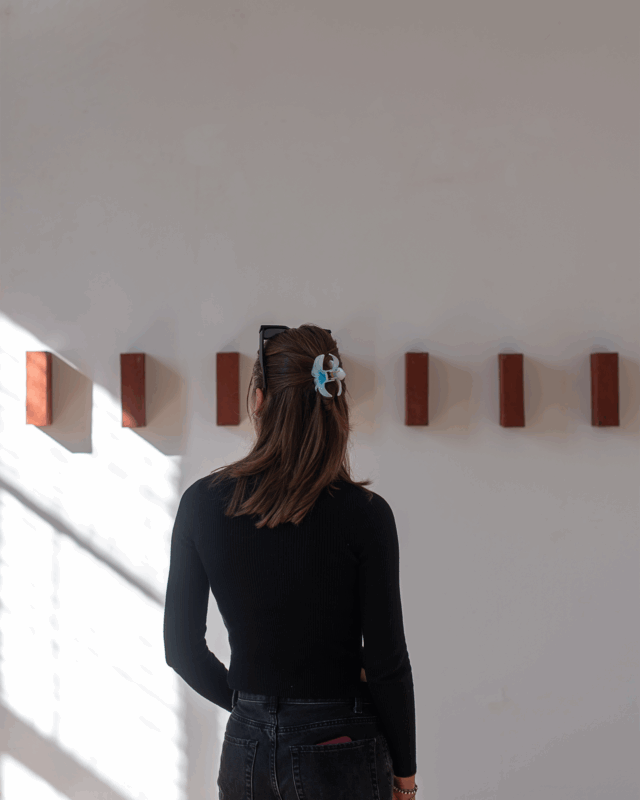DH _ IG-1 - direktorenhaus Woman with a blue hair clip stands facing a wall with five red rectangular artworks, sunlight casting shadows.