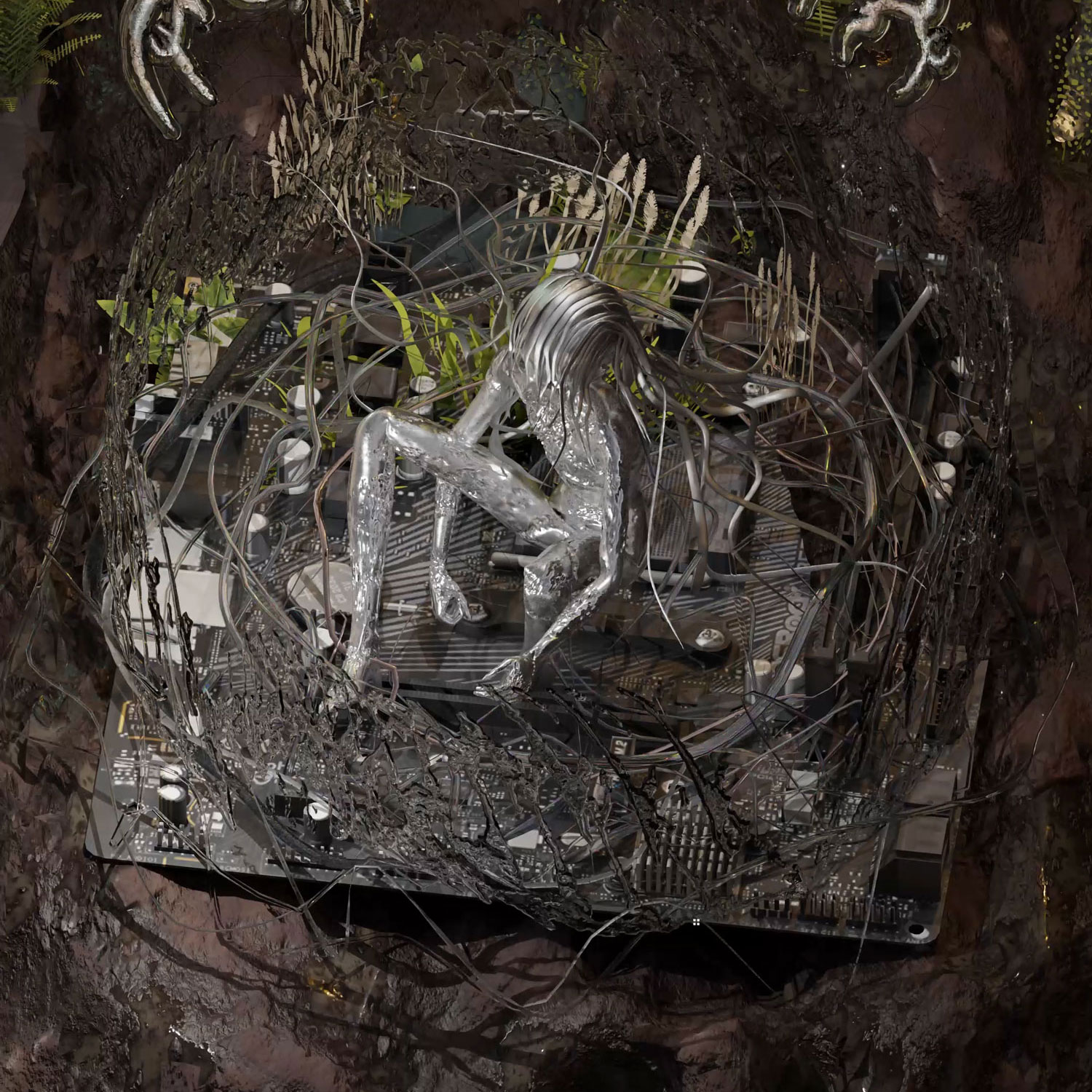 metaxy - direktorenhaus A silver figure sits curled among tangled wires and plants on a circuit board, symbolizing the theme of in-betweenness.